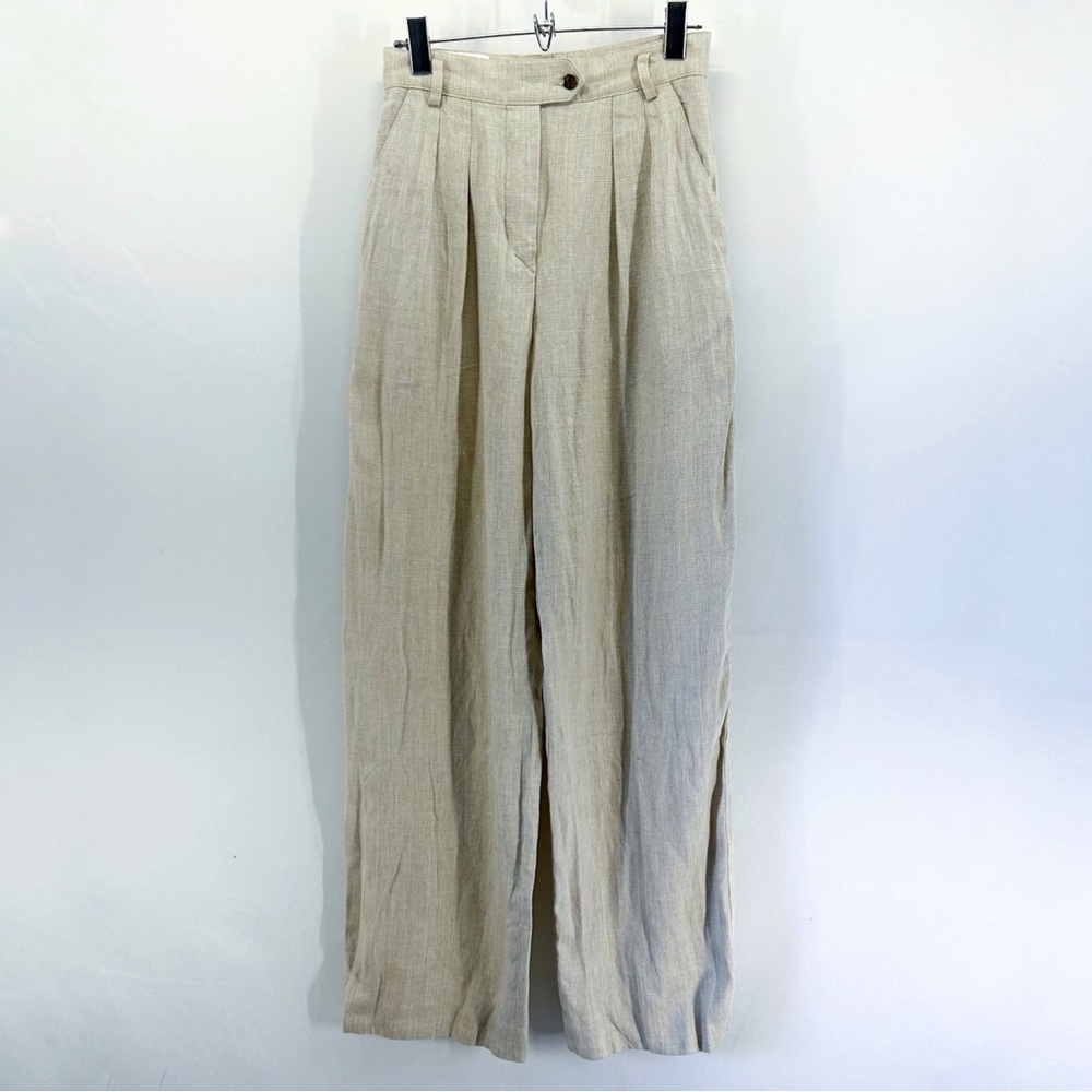 Vintage Escada 100% Linen Cream Plaid High Waisted Pleated Wide Leg Trousers 34
